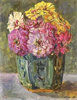 Floris: Still Life with Zinnias in a Ginger Pot