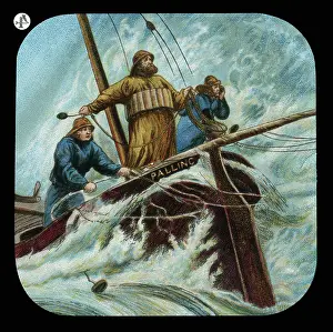 Souwester: Lifeboat men in a rough sea