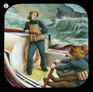 Lifebelts: Lifeboat men in a rough sea