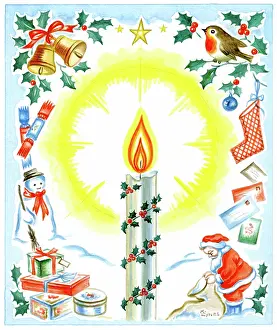 Emblems: Lighted candle with Father Christmas, robin etc