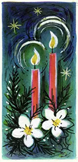 Brough: Two lighted candles and Christmas roses