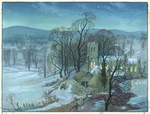 Lighted church in snowy landscape