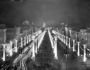 Swastikas: Under the Linden in Berlin by night, 1939
