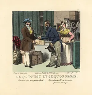 Petites: A line of people bringing boxes and crates to a porter