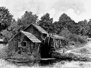 Waterwheels: Line Tone Of Old Mill With Boy
