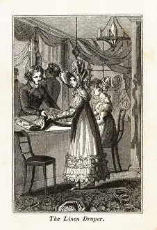 Candlelabra: Linen draper with customers in a Regency shop