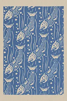 Linocuts: Linocut, fish pattern in blue and white