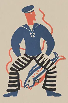 Linocuts: Linocut of Sailor and Fish
