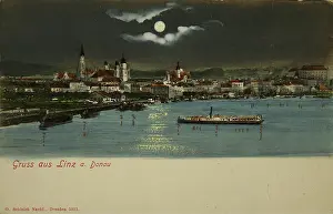 Schleich: Linz on the Danube at night with moon. About