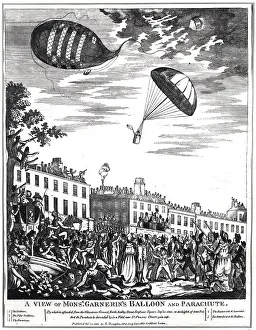 1802: Lithograph of Andre-Jacques Garnerin's parachute descent