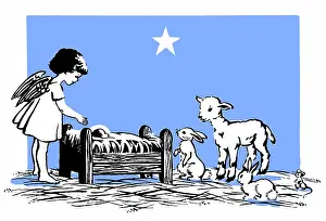 Two Colour: Little Angel at crib with lamb, rabbits, mouse