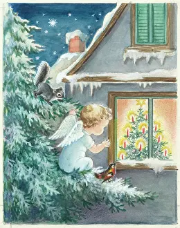 Adele: Little angel with robin and squirrel on Christmas tree in ga