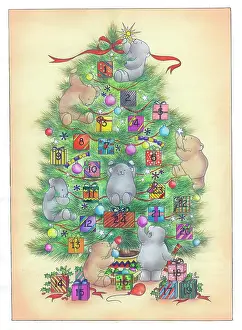 Advent: Little bears decorating Christmas tree