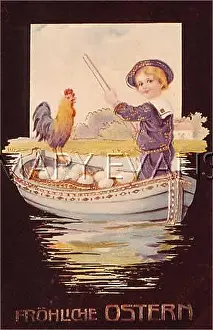 Crowing: Little boy with a boatload of eggs and a cockerel