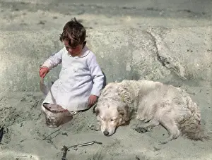 Barnabys: Little boy and his dog on a sandy beach