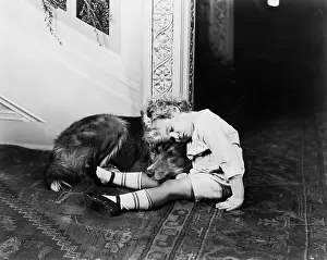 Exhausting: Little boy and his dog sleeping