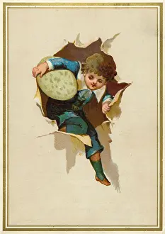 Bursting: Little boy with an Easter egg bursting through paper