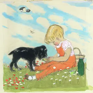 Dungarees: Little Boy feeding a black spaniel