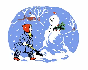 Shovelling: Little Boy with Snowman