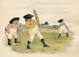 Wicketkeeper: Three little boys play cricket at school