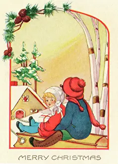 Sledging: Two little children on a sledge