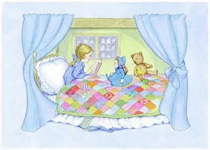 Quilt: Little girl in bed with patchwork quilt