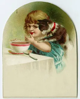 Saucer: Little girl and cat at a table