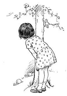 Hides: Little girl peering from behind tree