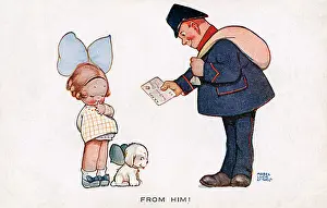 Blushing: Little girl and postman