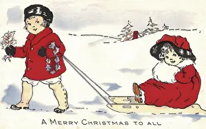 Sledging: Little girl being pulled along in a sledge by her friend