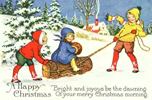 Sledging: Little girl pulled through the snow on a log