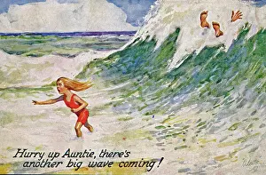 Auntie: Little girl at the seaside on a comic postcard