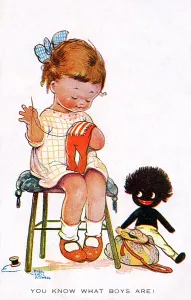 Patching: Little girl sewing