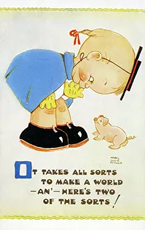Cheeks: Little Girl and tiny pig - Fun Comic Postcard
