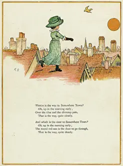 Somewhere: Little girl walking across the rooftops