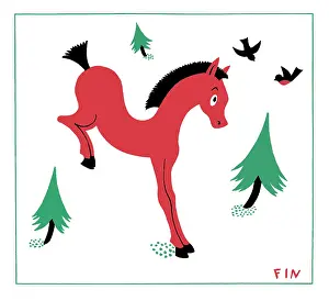 Bucking: Little Horse ? with trees and two robins
