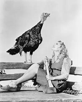Anticipating: Live turkey and woman with axe