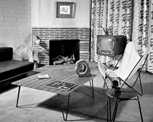Hairpin: Living Room Coffee Table Couch Brick Fireplace