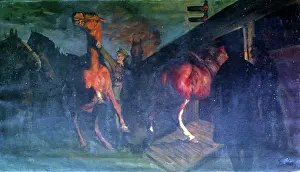 Neame: Loading horses onto a train at night, WW1