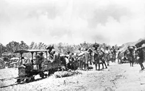 Lindi: Loading wounded onto mini railway, Schaedel's Farm, WW1
