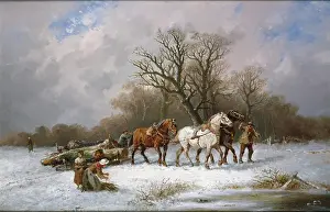 Dragging: Logging in Team in Winter ' snow scene