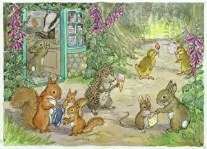 Lollipops - squirrels, rabbits, hedgehog outside sweetshop