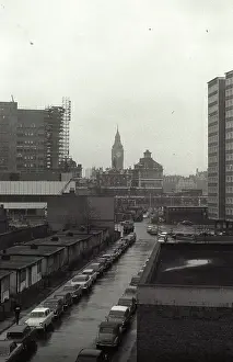 Prefabs: London Barbican site high angle view distant Big Ben