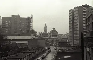 Prefabs: London Barbican site high angle view distant Big Ben