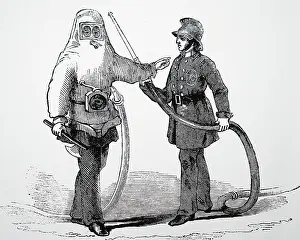 Equipped: London fireman in standard uniform and one equipped