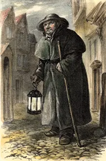 Nightwatchman: London nightwatchman patrolling the streets in