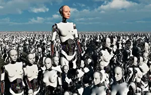 Illusion: A lone android with a human flesh colored face amongst a ?