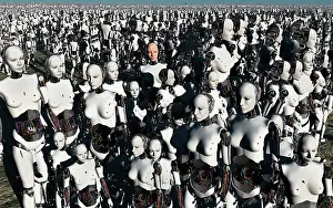 Illusion: A lone android with a human flesh colored face amongst a ?