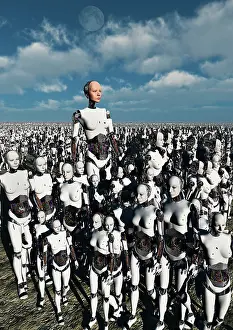 Idea: A lone android with a human flesh colored face amongst a ?
