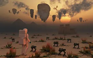 Viewing: A lone astronaut confronts a surreal scene out of ancient ?
